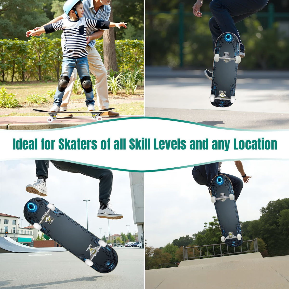 Futuristic Glowing Orange Neon Lines Dark Metallic Panels 31" x 8" Complete Skateboard, 7-Ply Canadian Maple Double Kick Trick Board for Kids and Beginners Adult Gifts