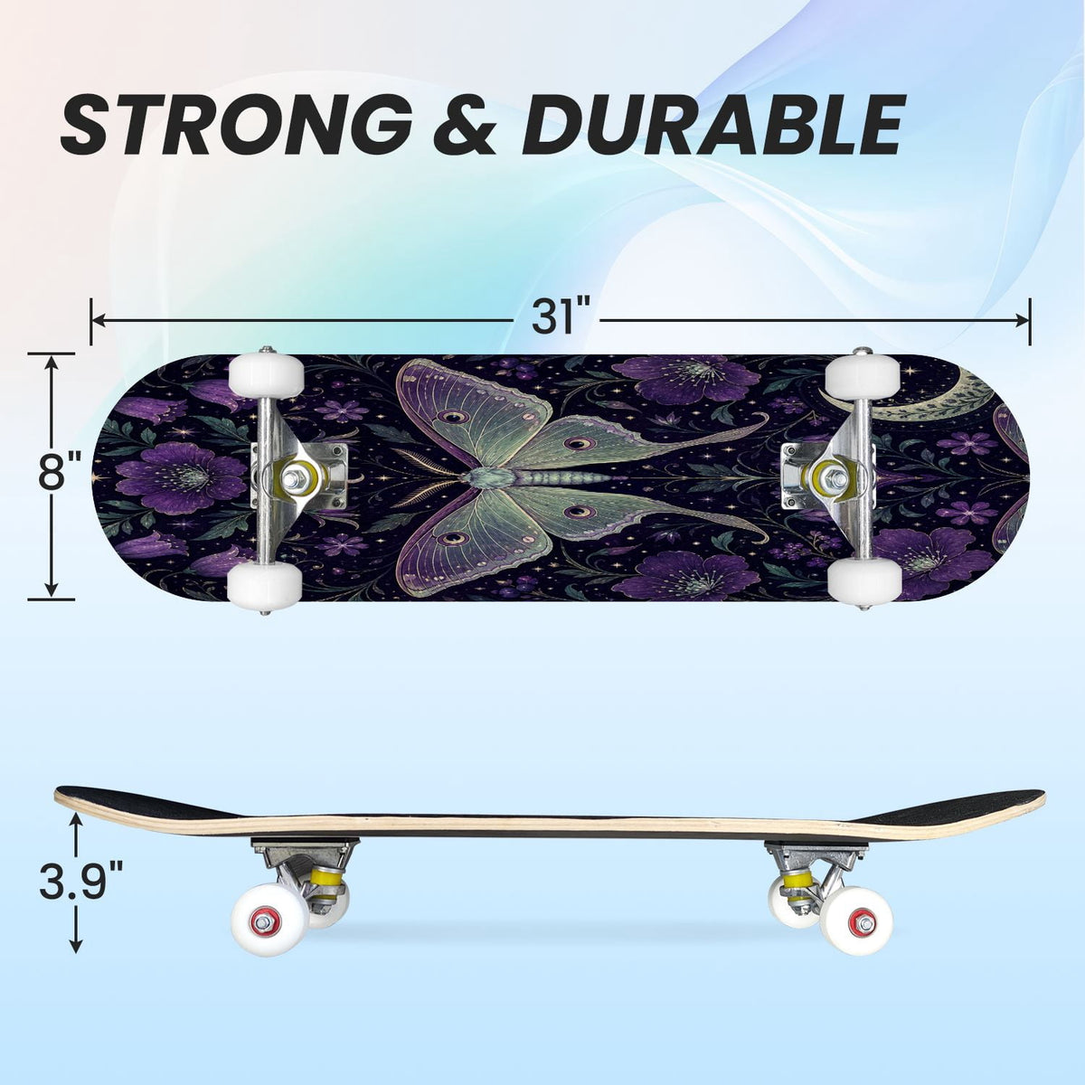 31"x8" Complete Skateboards for Beginners, Butterfly Garden Vintage Botanical Motifs Dark Green Teal Double Kick 7 Ply Canadian Maple Deck Skateboard with Wheels, Gifts for Kids Teens