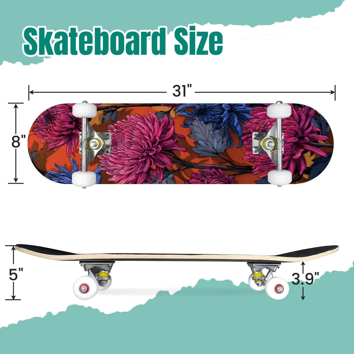 Vibrant Chrysanthemum Floral Bold Pink Purple Blooms 31" x 8" Complete Skateboard, 7-Ply Canadian Maple Double Kick Trick Board for Kids and Beginners Adult Gifts