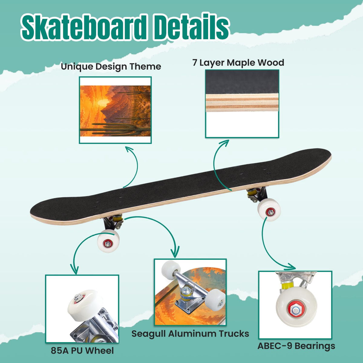 Forest Tree Wood Green Pine Trees Autumn Leaves Fog Misty 31" x 8" Complete Skateboard, 7-Ply Canadian Maple Double Kick Trick Board for Kids and Beginners Adult Gifts