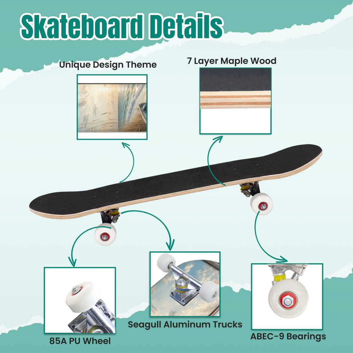 White Birch Tree Bark Natural Knots Horizontal Lines 31" x 8" Complete Skateboard, 7-Ply Canadian Maple Double Kick Trick Board for Kids and Beginners Adult Gifts