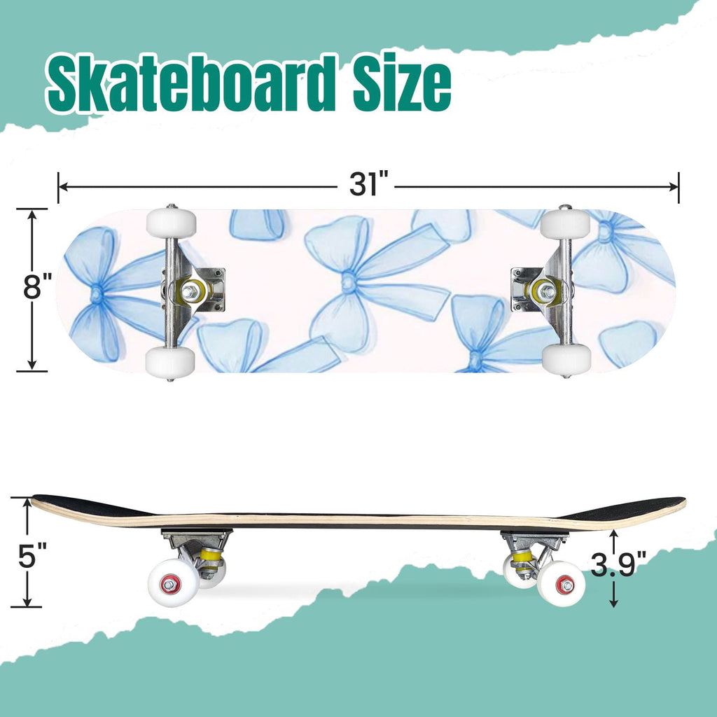 Delicate Pink Floral Ribbon Design 31" x 8" Complete Skateboard, 7-Ply Canadian Maple Double Kick Trick Board for Kids and Beginners Adult Gifts