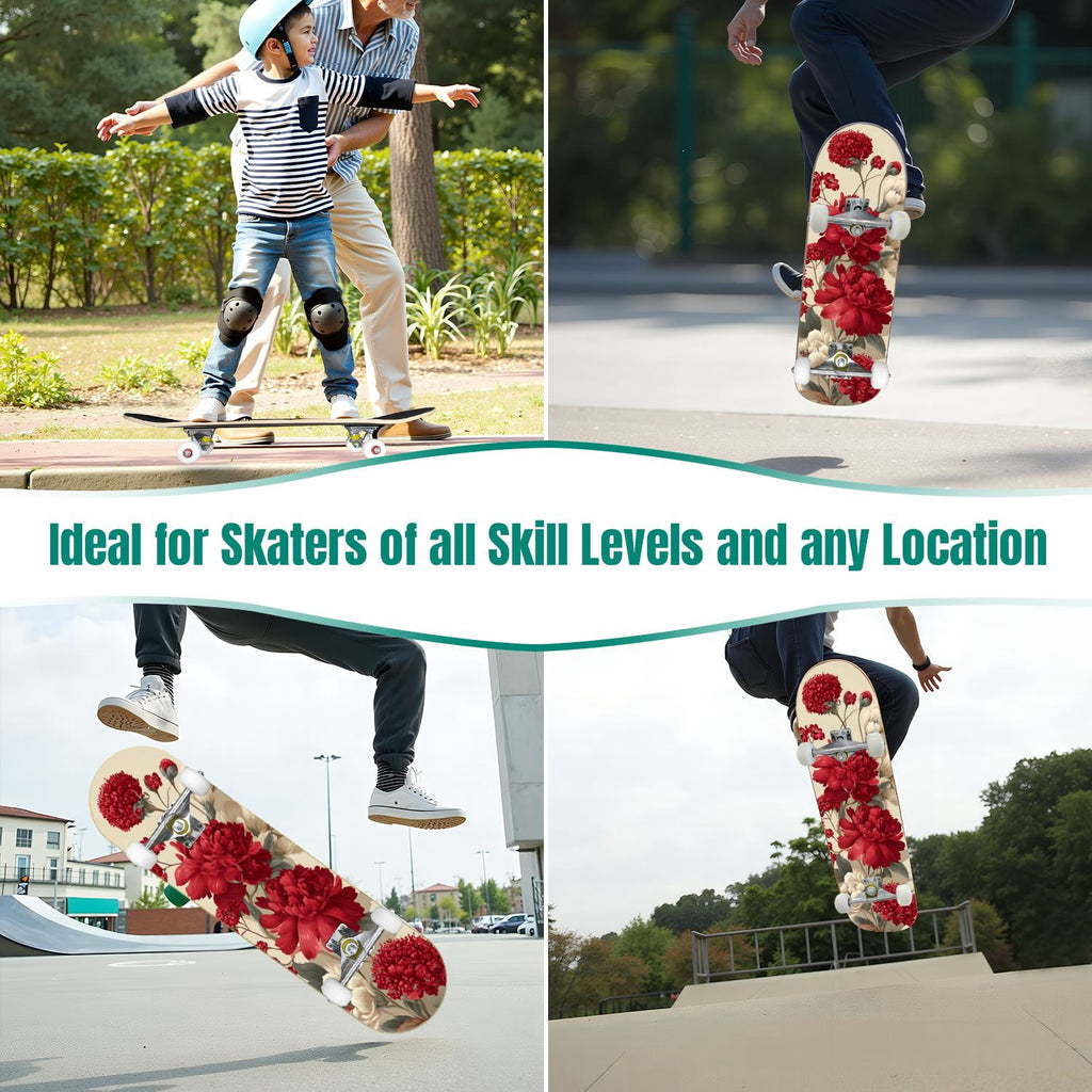 Botanical Birds Lemons Flowers Blue 31" x 8" Complete Skateboard, 7-Ply Canadian Maple Double Kick Trick Board for Kids and Beginners Adult Gifts
