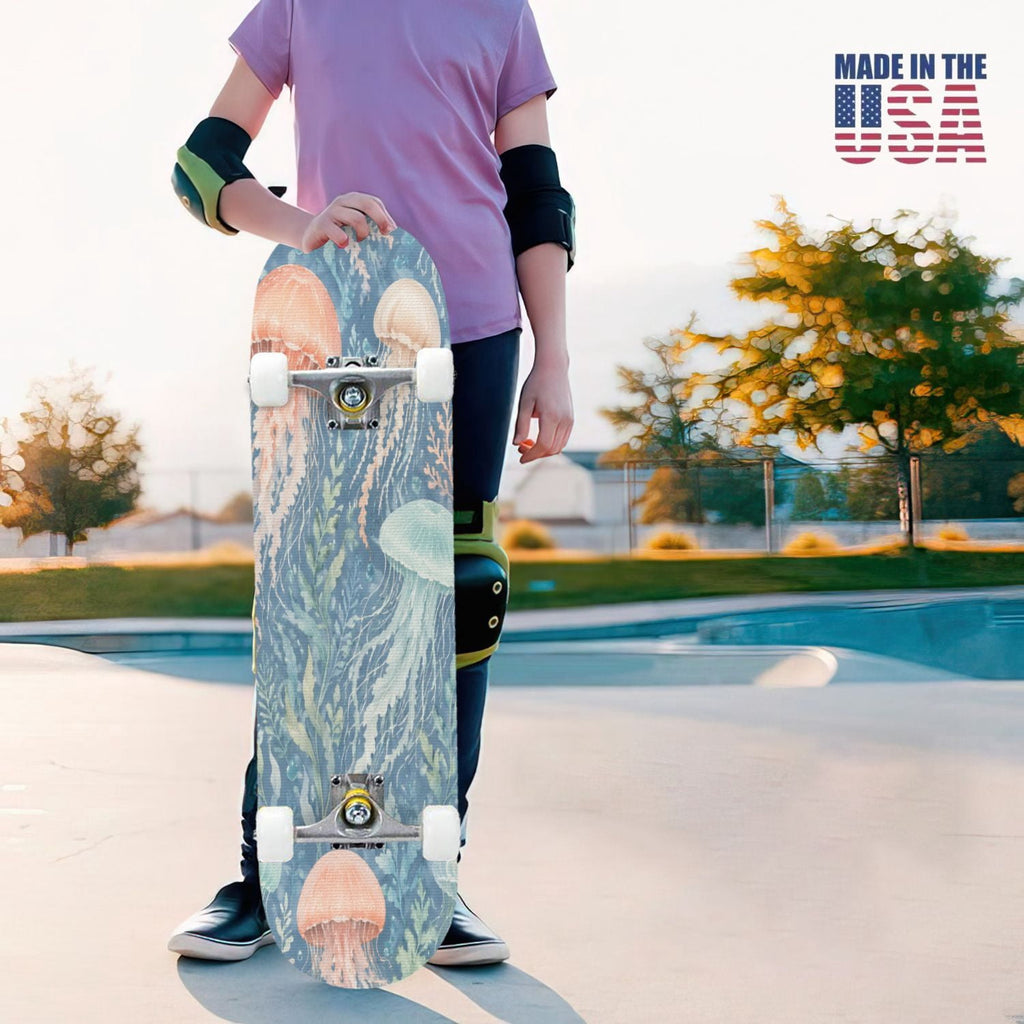 31"x8" Complete Skateboards for Beginners,Blue Botanical Leaf White Double Kick 7 Ply Canadian Maple Deck Skateboard with Wheels, Gifts for Kids Teens