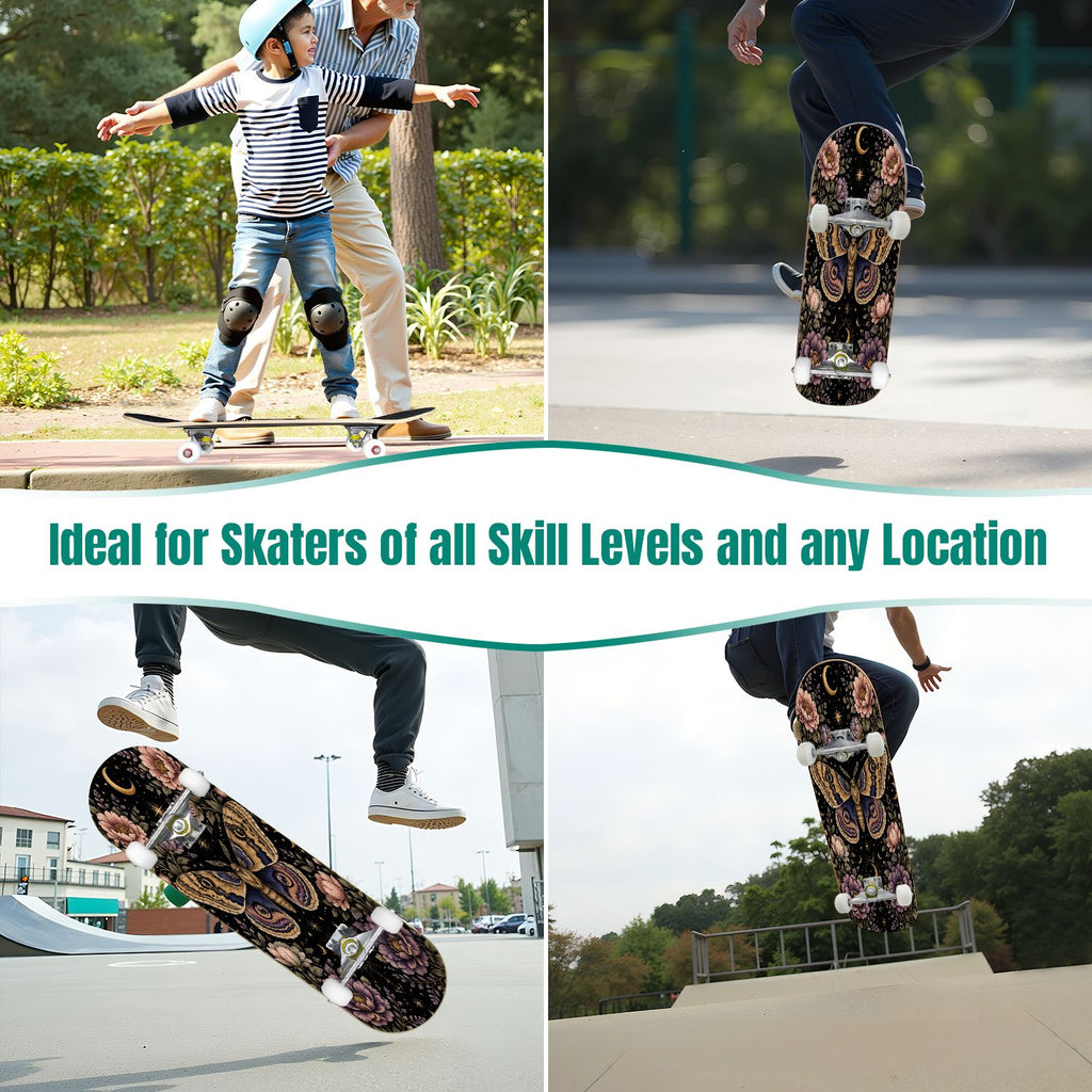 31"x8" Complete Skateboards for Beginners, Blue Moth Moonlight Flowers Mushrooms Forest Double Kick 7 Ply Canadian Maple Deck Skateboard with Wheels, Gifts for Kids Teens