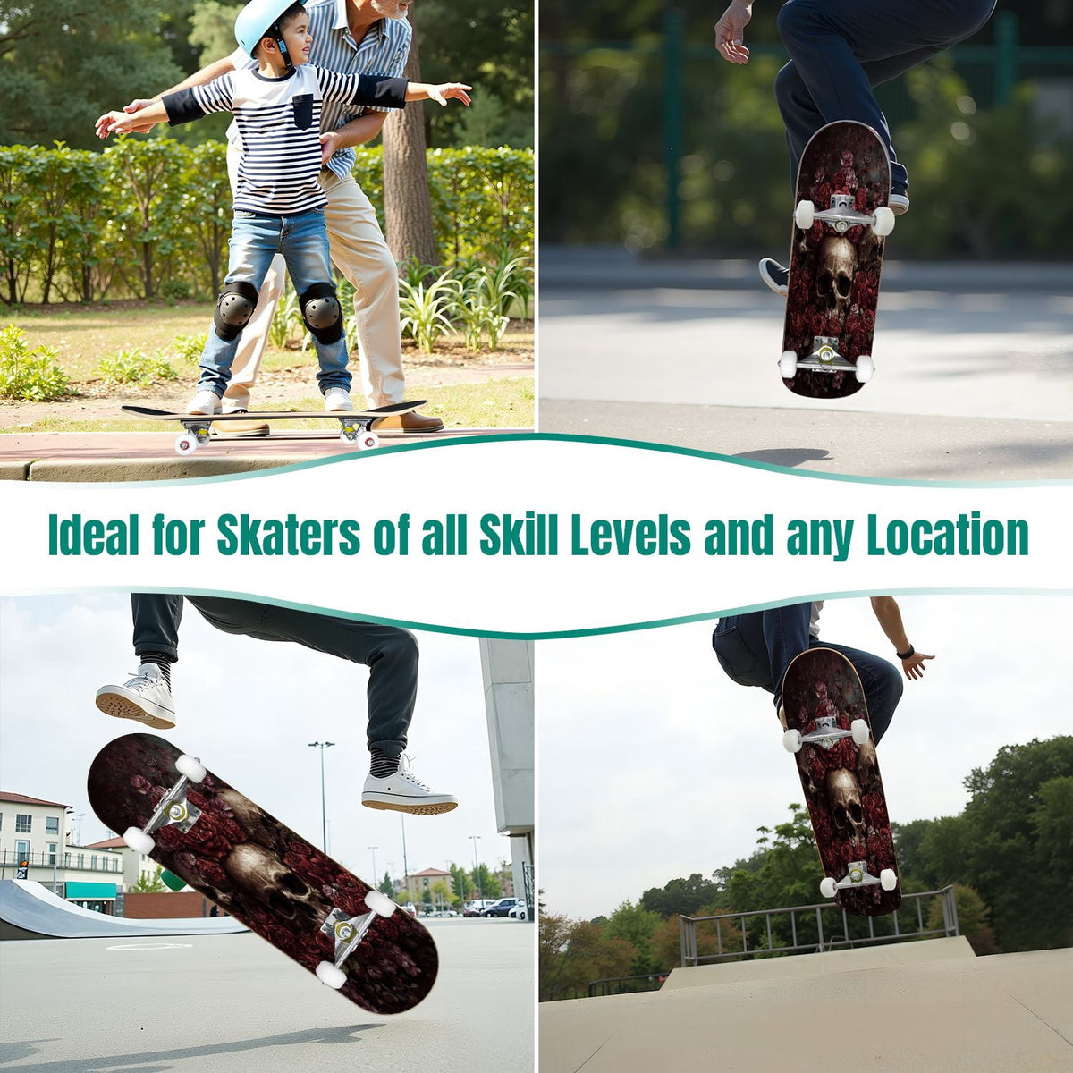 31"x8" Complete Skateboards for Beginners, Romantic Skeletons Blooming Roses Dark Academia Double Kick 7 Ply Canadian Maple Deck Skateboard with Wheels, Gifts for Kids Teens