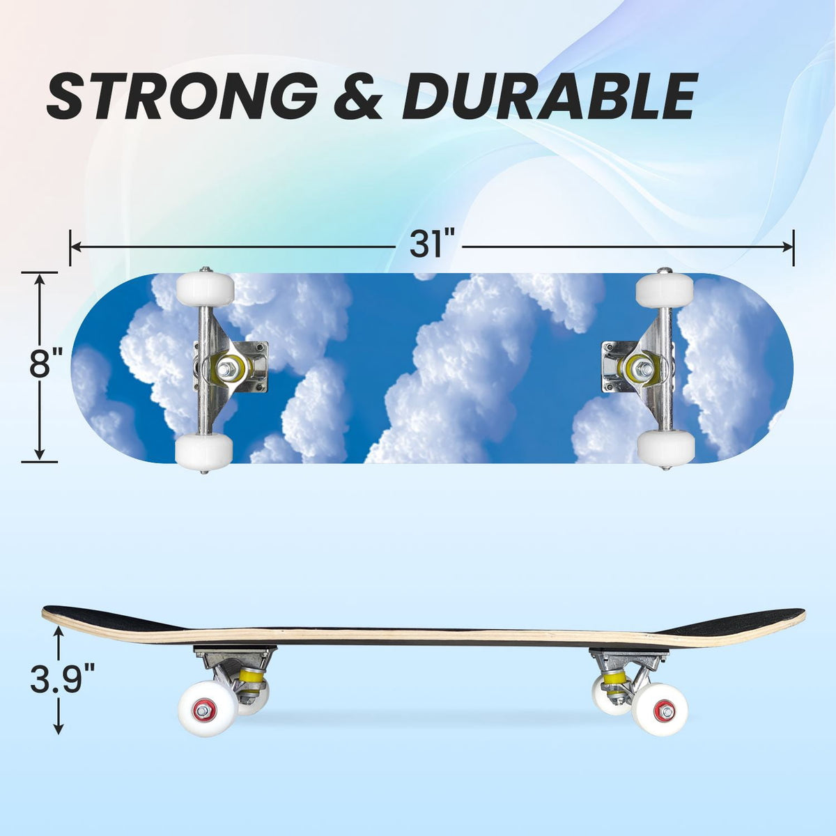 31"x8" Complete Skateboards for Beginners, Pastel Sky Fluffy Clouds Pink Purple Blue Summer Decor Double Kick 7 Ply Canadian Maple Deck Skateboard with Wheels, Gifts for Kids Teens