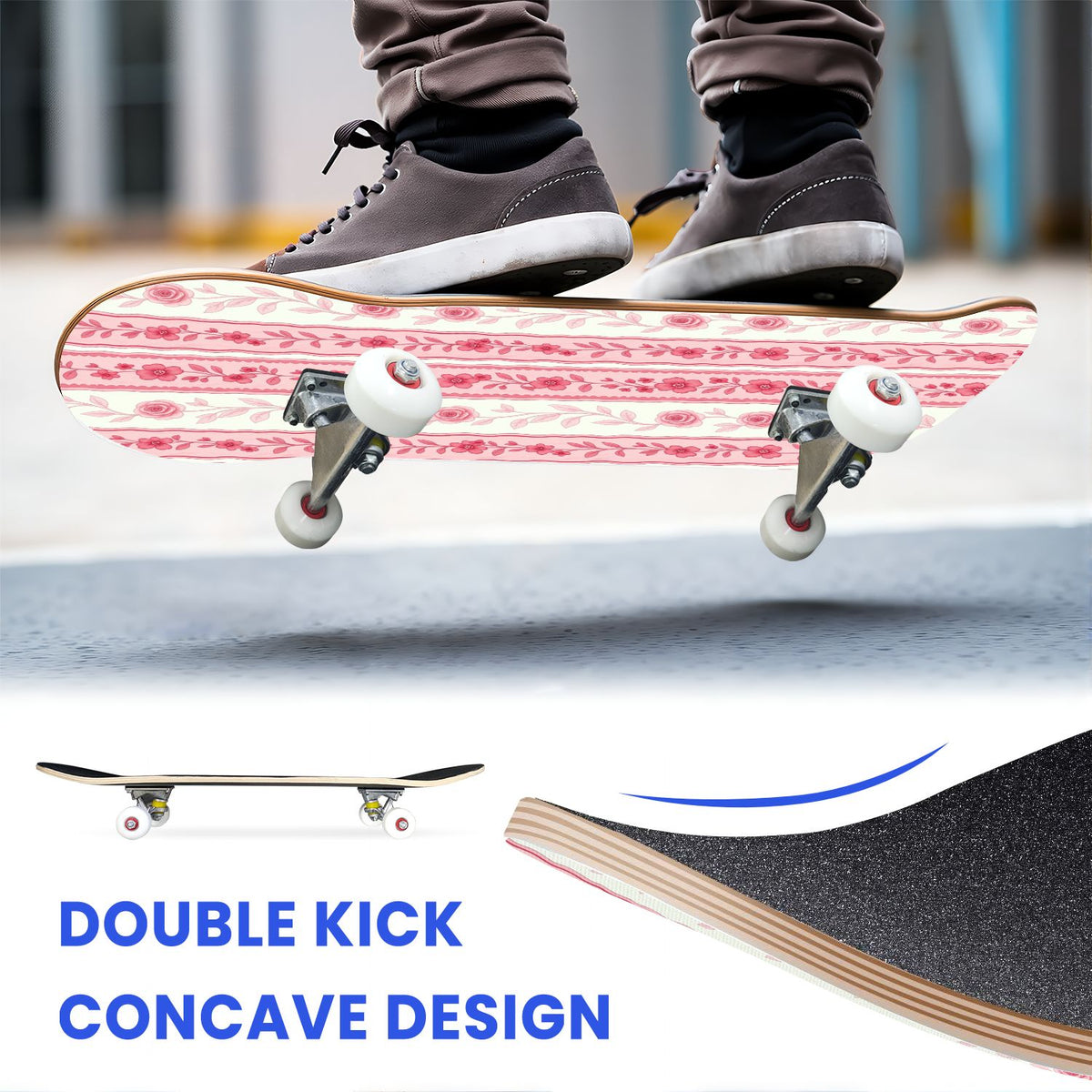 31"x8" Complete Skateboards for Beginners, Pink Floral Striped Delicate Leaves Flowers Botanical Double Kick 7 Ply Canadian Maple Deck Skateboard with Wheels, Gifts for Girls Teens