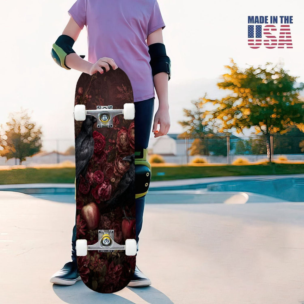 31"x8" Complete Skateboards for Beginners, Romantic Skeletons Blooming Roses Dark Academia Double Kick 7 Ply Canadian Maple Deck Skateboard with Wheels, Gifts for Kids Teens