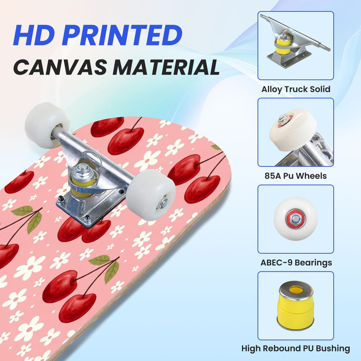 31"x8" Complete Skateboards for Beginners, Cherry Blossom Red Cherry Seamless Pink Botanical Double Kick 7 Ply Canadian Maple Deck Skateboard with Wheels, Gifts for Girls Teens