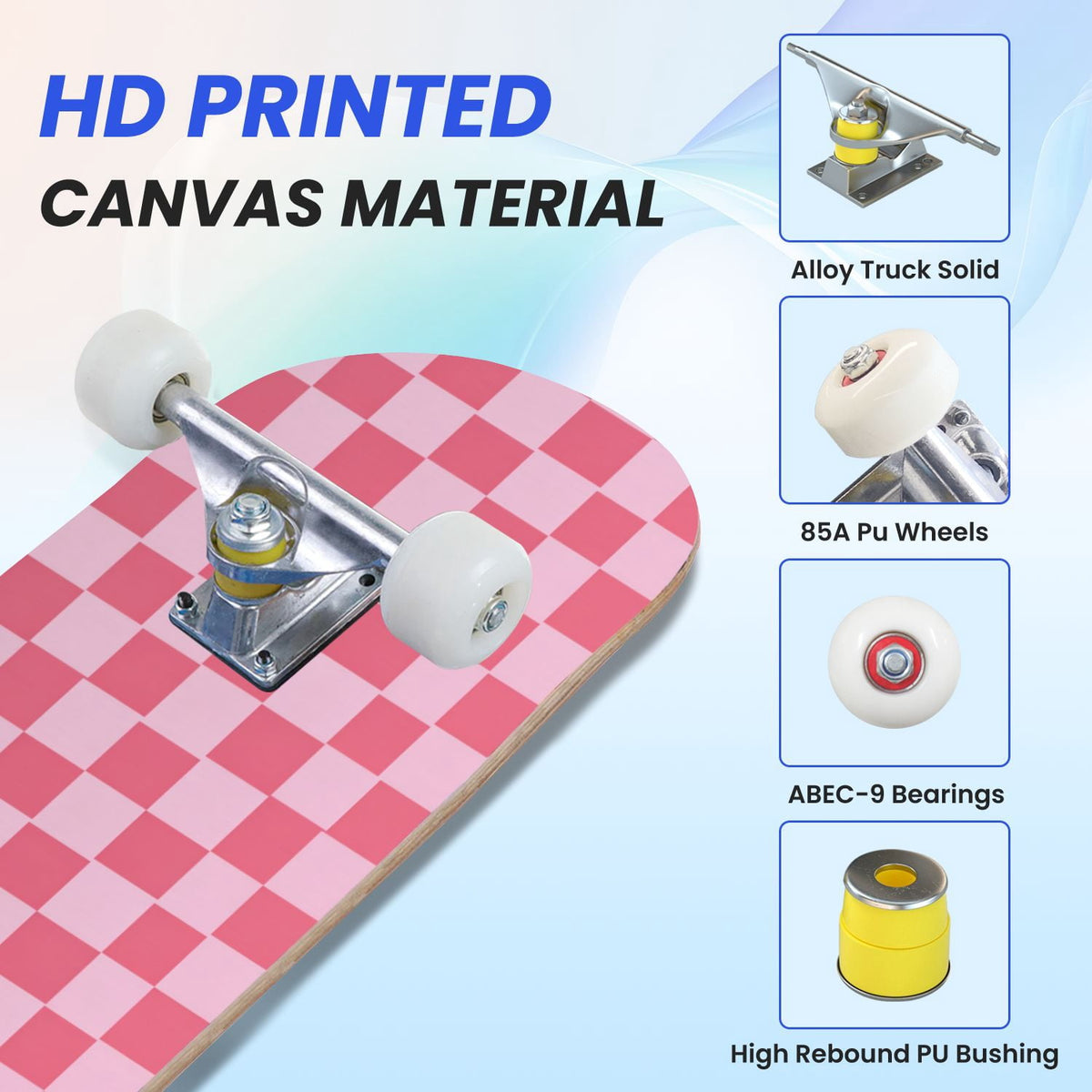 31"x8" Complete Skateboards for Beginners,Black Pink Checkered Retro Aesthetic Double Kick 7 Ply Canadian Maple Deck Skateboard with Wheels, Gifts for Kids Teens
