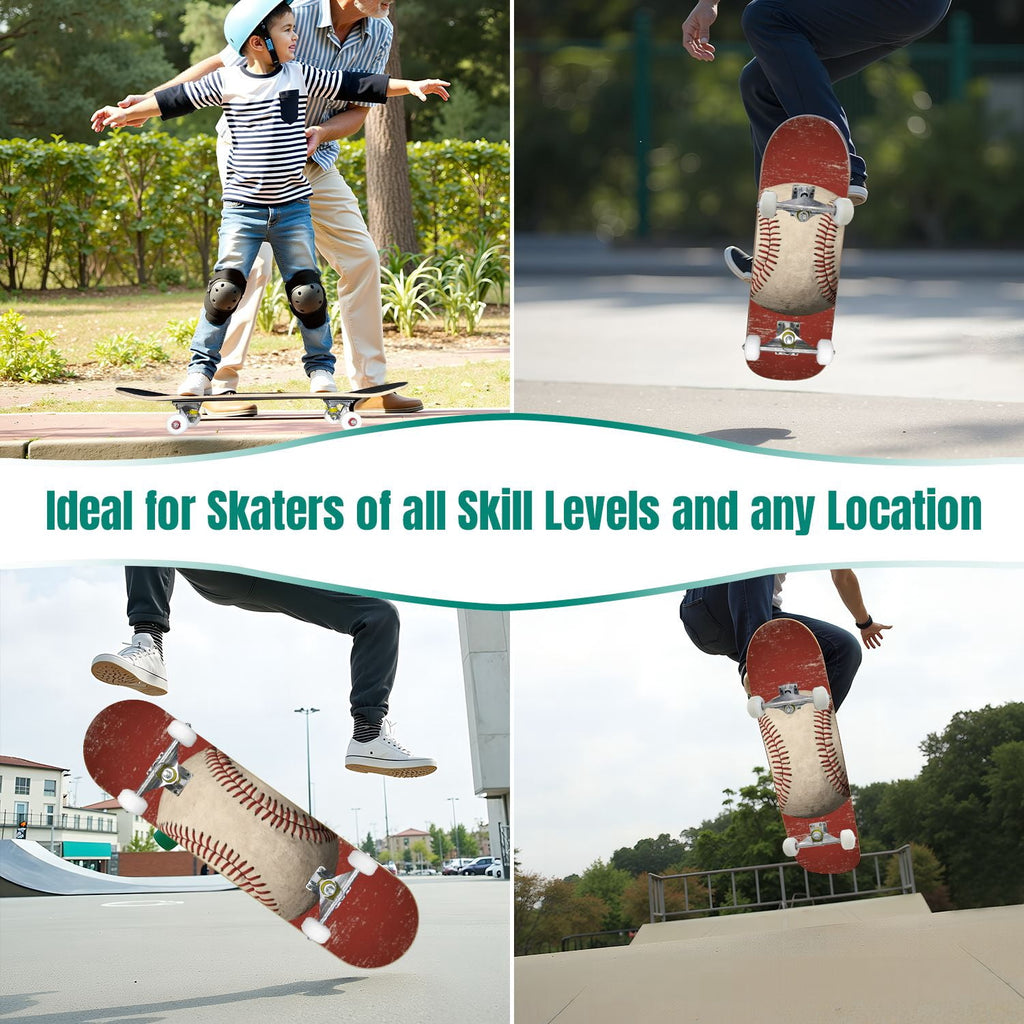 31"x8" Complete Skateboards for Beginners,Vintage Baseball Worn Red Stitches Rustic Double Kick 7 Ply Canadian Maple Deck Skateboard with Wheels, Sports Gifts for Kids Teens