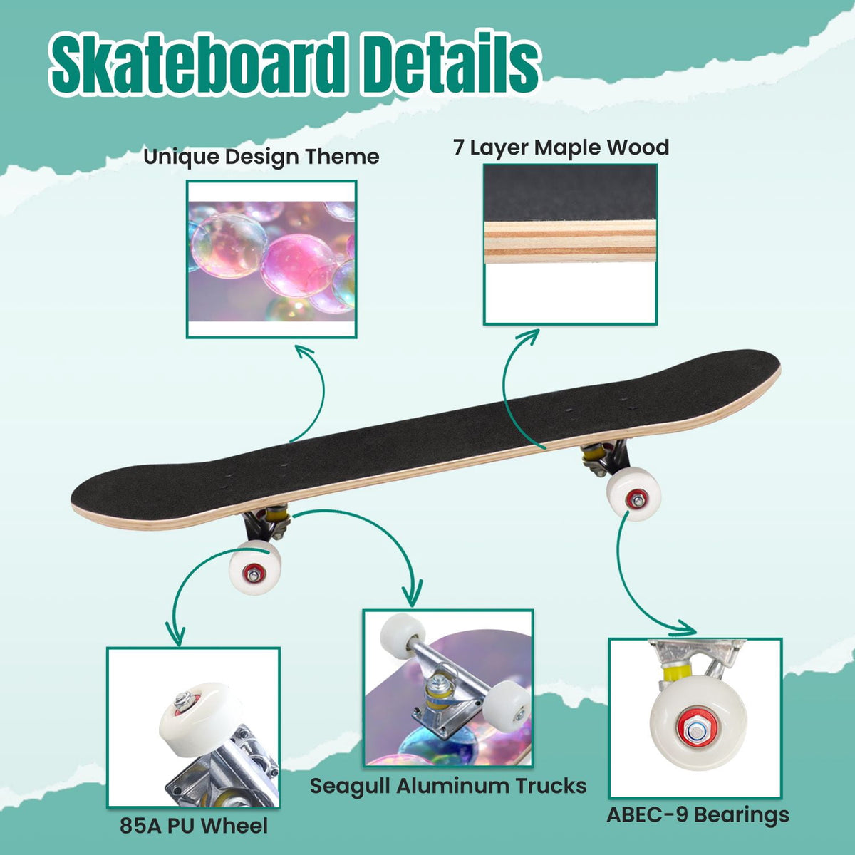 Seashells Starfish Sandy Beach Soft Lighting 31" x 8" Complete Skateboard, 7-Ply Canadian Maple Double Kick Trick Board for Kids and Beginners Adult Gifts