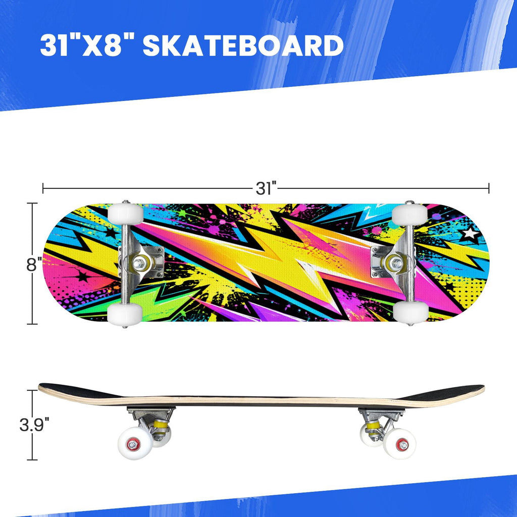 Complete Skateboard Colorful Heart Swirls 31 Inch 7-Ply Maple Skateboard with PU Wheels and Aluminum Trucks, Ready-to-Ride Skateboard for Beginners, Teens and Adults