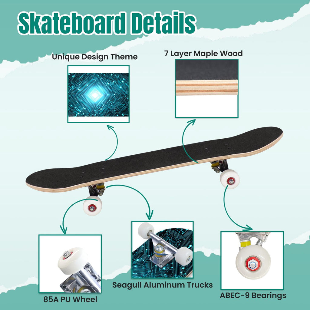 Futuristic Blue Abstract Technology Glowing Core 31" x 8" Complete Skateboard, 7-Ply Canadian Maple Double Kick Trick Board for Kids and Beginners Adult Gifts