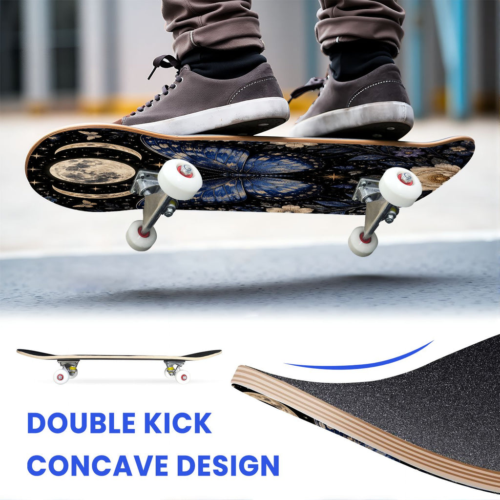 31"x8" Complete Skateboards for Beginners, Colorful Butterfly Blooming Flowers Under Full Moon Starry Double Kick 7 Ply Canadian Maple Deck Skateboard with Wheels, Gifts for Kids Teens