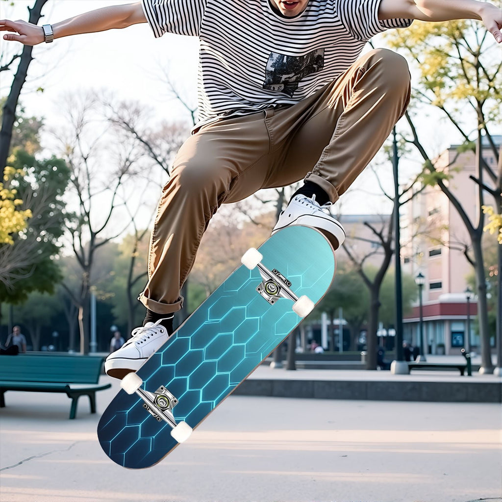 31"x8" Complete Skateboards for Beginners, Honeycomb Futuristic Hexagonal Neon Glowing Orange Light Double Kick 7 Ply Canadian Maple Deck Skateboard with Wheels, Gifts for Kids Teens
