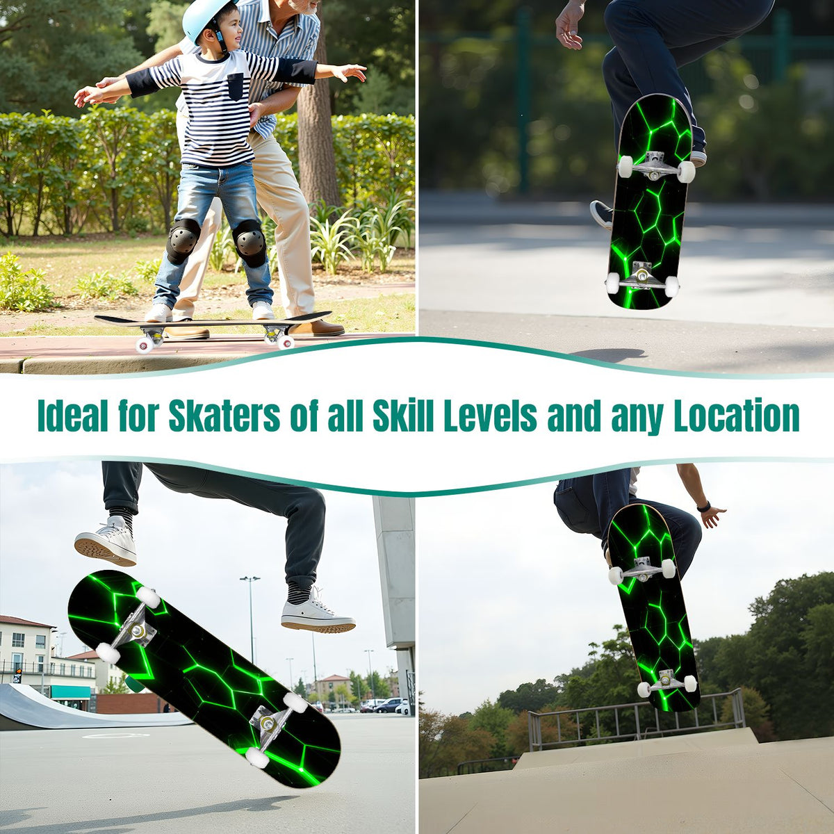 31"x8" Complete Skateboards for Beginners, Honeycomb Futuristic Hexagonal Neon Glowing Orange Light Double Kick 7 Ply Canadian Maple Deck Skateboard with Wheels, Gifts for Kids Teens