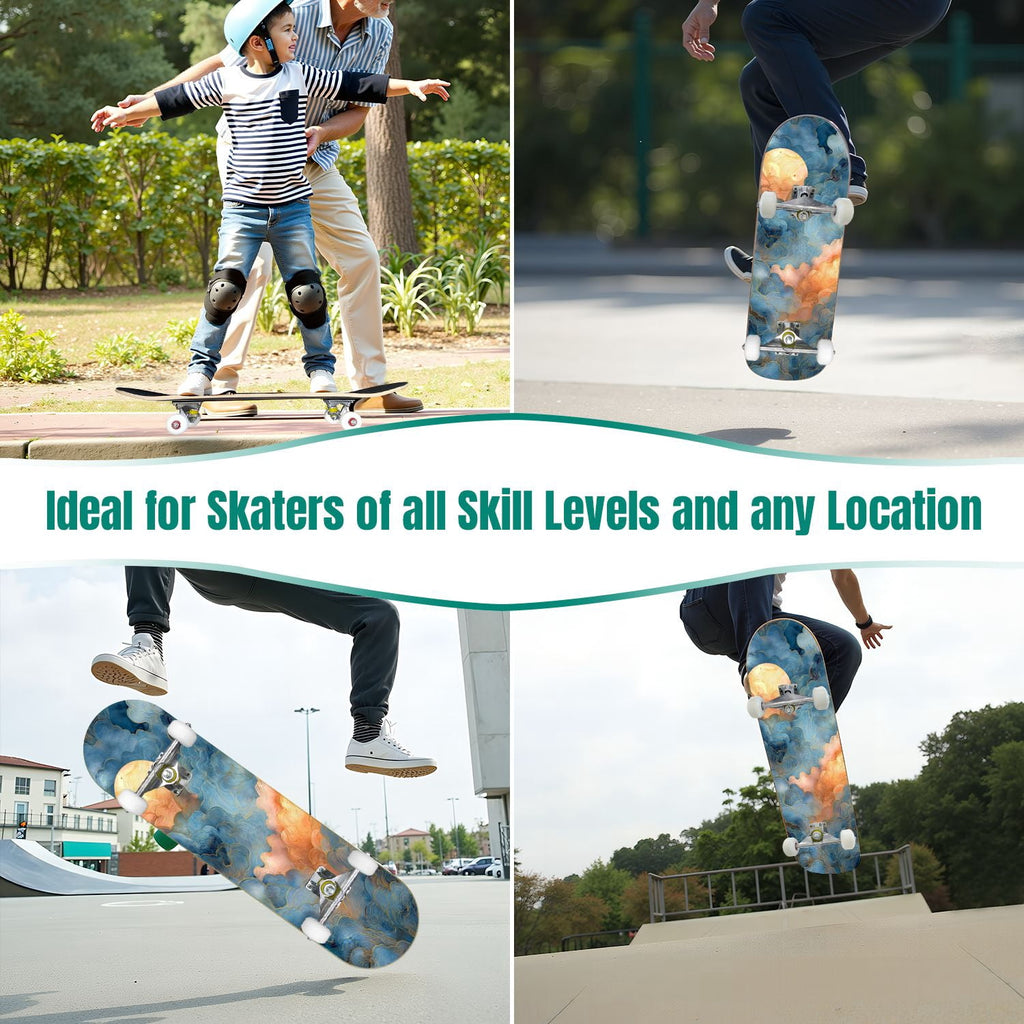 31"x8" Complete Skateboards for Beginners, Cute Light Blue Sky Cartoon Summer Decor Double Kick 7 Ply Canadian Maple Deck Skateboard with Wheels, Gifts for Kids Teens