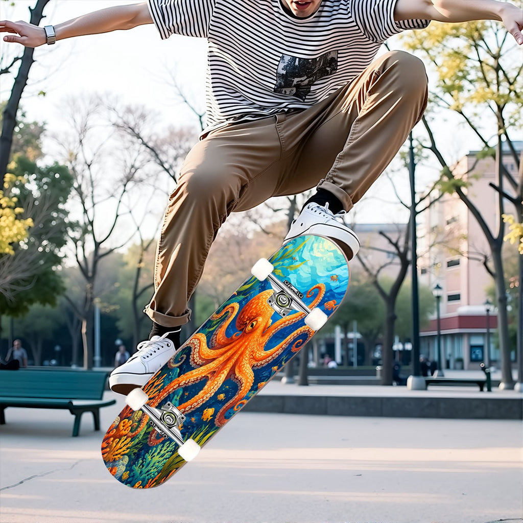 31"x8" Complete Skateboards for Beginners, Colorful Cosmic Octopus Tentacles Starry Marine Life Double Kick 7 Ply Canadian Maple Deck Skateboard with Wheels, Gifts for Kids Teens