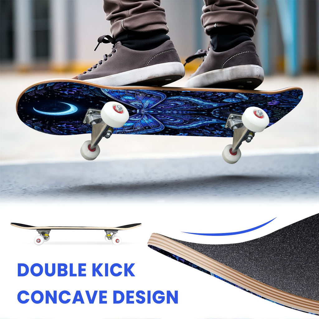 31"x8" Complete Skateboards for Beginners, Colorful Butterfly Blooming Flowers Under Full Moon Starry Double Kick 7 Ply Canadian Maple Deck Skateboard with Wheels, Gifts for Kids Teens