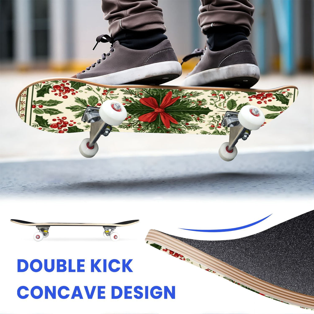 31"x8" Complete Skateboards for Beginners, Red White Vertical Striped Retro Circus Double Kick 7 Ply Canadian Maple Deck Skateboard with Wheels, Gifts for Kids Teens