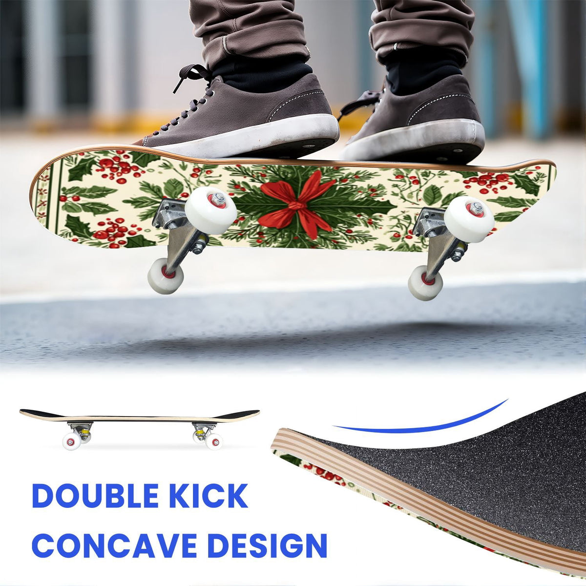 31"x8" Complete Skateboards for Beginners, Red White Vertical Striped Retro Circus Double Kick 7 Ply Canadian Maple Deck Skateboard with Wheels, Gifts for Kids Teens