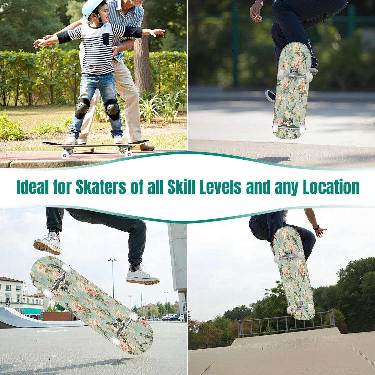 31"x8" Complete Skateboards for Beginners,Seamless Blue Watercolor Crabs Floral Accents Light Double Kick 7 Ply Canadian Maple Deck Skateboard with Wheels, Gifts for Kids Teens