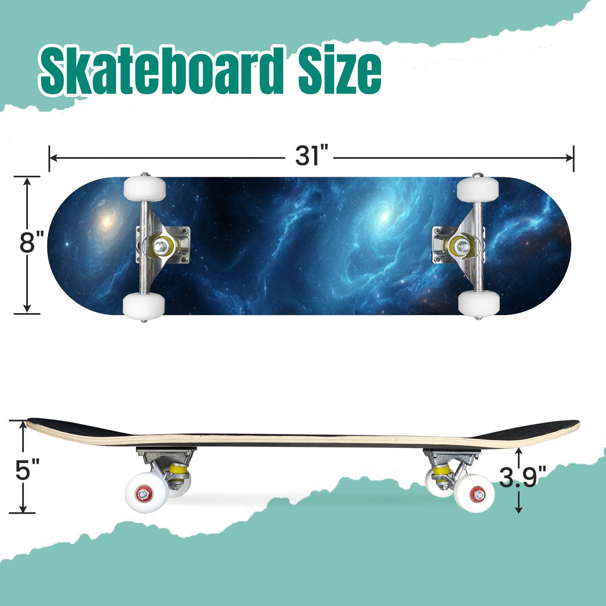 Vibrant Purple Blue Cosmic Galaxy Stars Nebula Clouds 31" x 8" Complete Skateboard, 7-Ply Canadian Maple Double Kick Trick Board for Kids and Beginners Adult Gifts