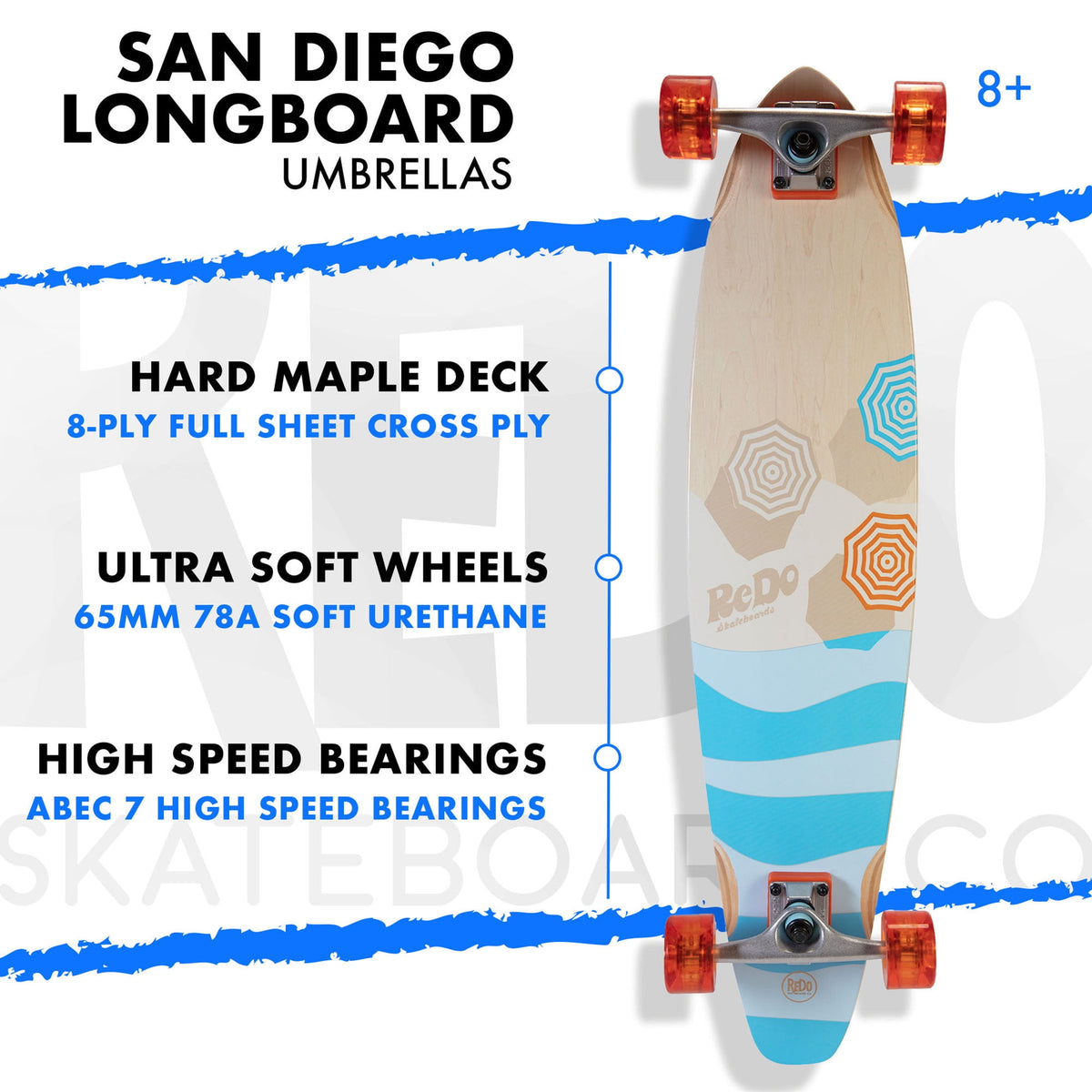 ReDo Skateboard 34.5" San Diego Umbrella Longboard for Boys Girls Kids Adults