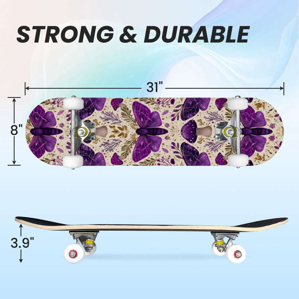 31"x8" Complete Skateboards for Beginners,Whimsical Blue Butterflies Green Foliage Dark Night Fantasy Double Kick 7 Ply Canadian Maple Deck Skateboard with Wheels, Gifts for Kids Teens