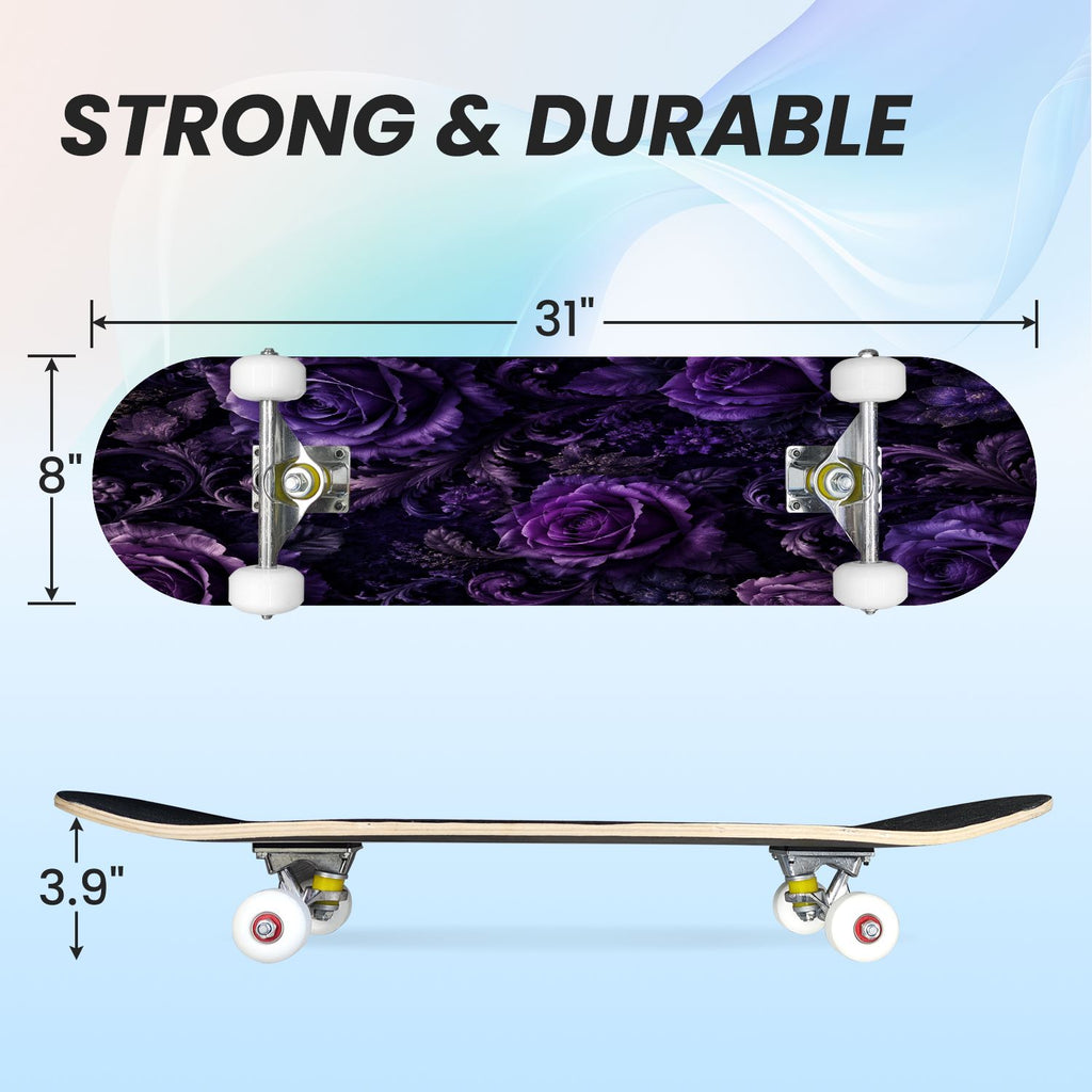 31"x8" Complete Skateboards for Beginners, Purple White Cosmos Flowers Butterflies Watercolor Double Kick 7 Ply Canadian Maple Deck Skateboard with Wheels, Gifts for Kids Teens