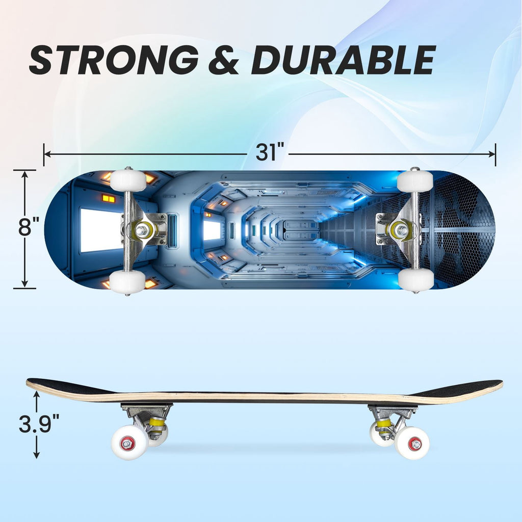 31"x8" Complete Skateboards for Beginners,Black Hexagon Honeycomb Glowing Blue Accents Double Kick 7 Ply Canadian Maple Deck Skateboard with Wheels, Gifts for Kids Teens