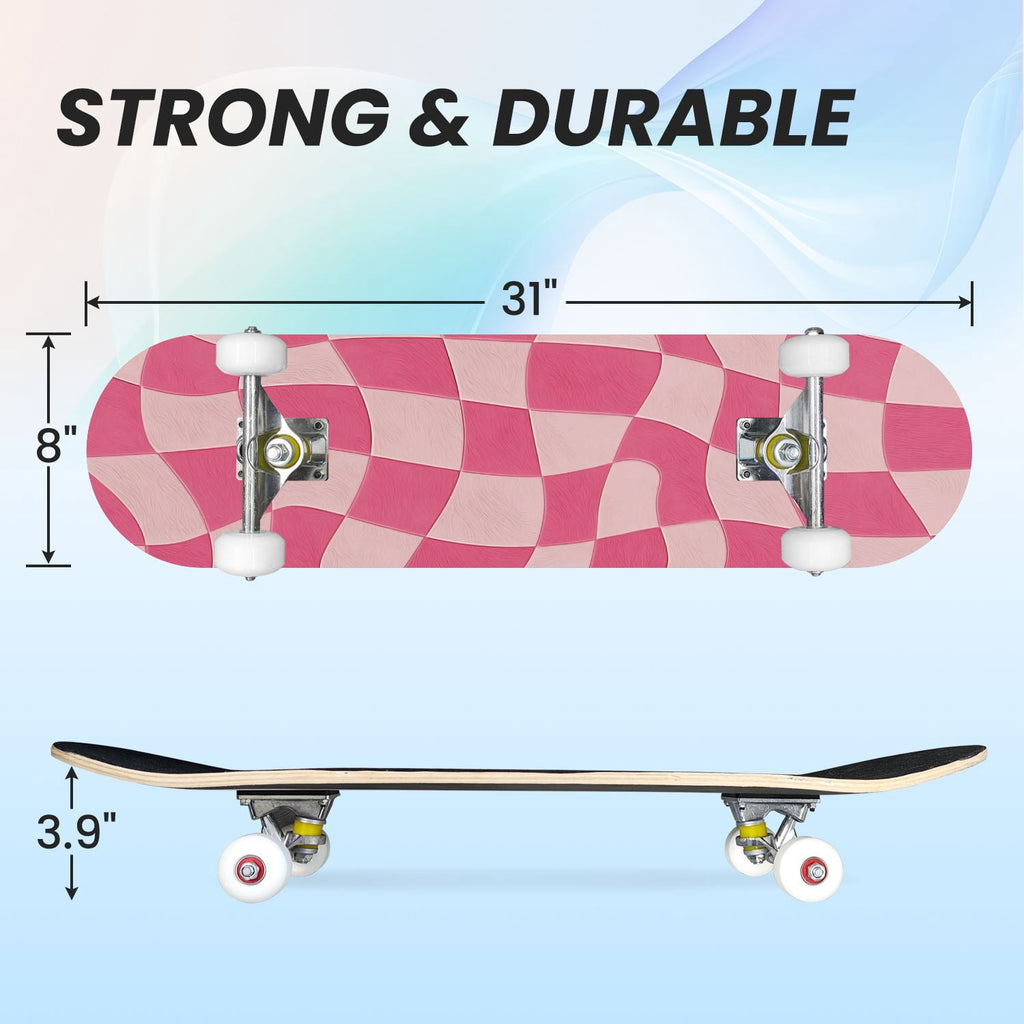 31"x8" Complete Skateboards for Beginners,Mint Green White Plaid Tartan Subtle Double Kick 7 Ply Canadian Maple Deck Skateboard with Wheels, Gifts for Kids Teens