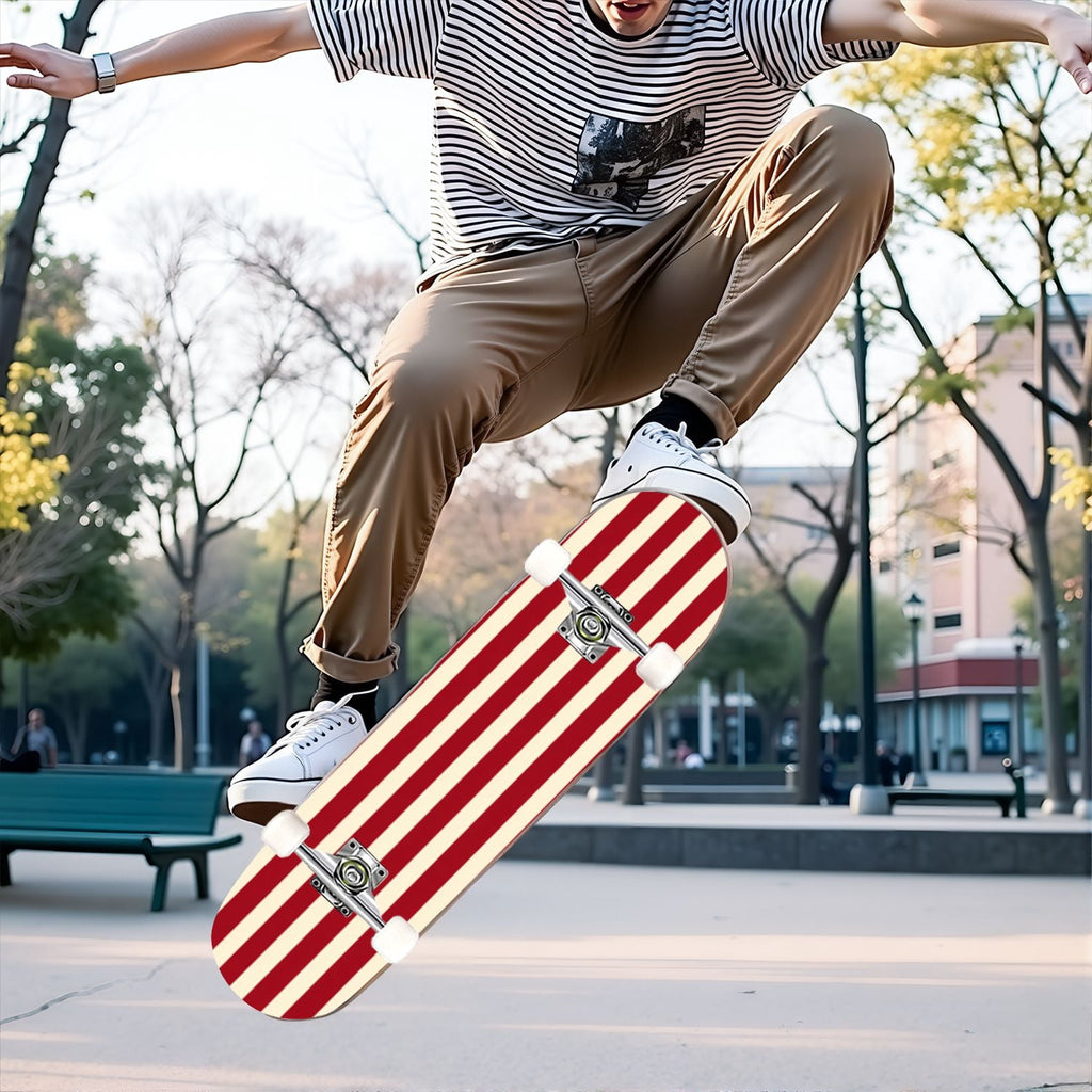 31"x8" Complete Skateboards for Beginners, Red White Vertical Striped Retro Circus Double Kick 7 Ply Canadian Maple Deck Skateboard with Wheels, Gifts for Kids Teens