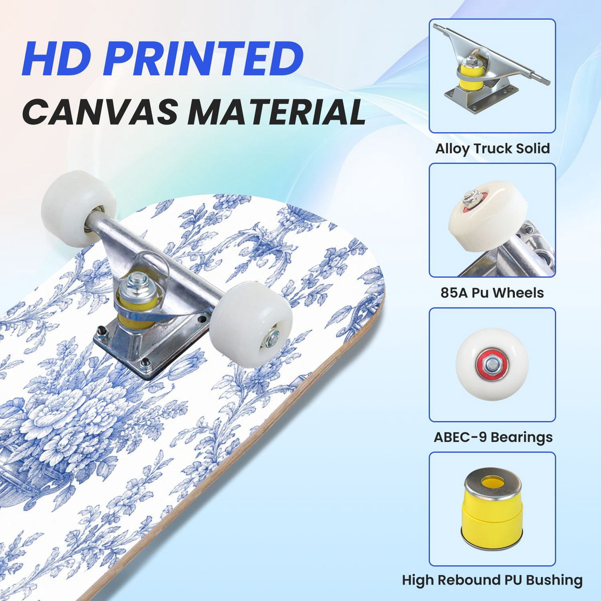 31"x8" Complete Skateboards for Beginners,Blue Botanical Leaf White Double Kick 7 Ply Canadian Maple Deck Skateboard with Wheels, Gifts for Kids Teens