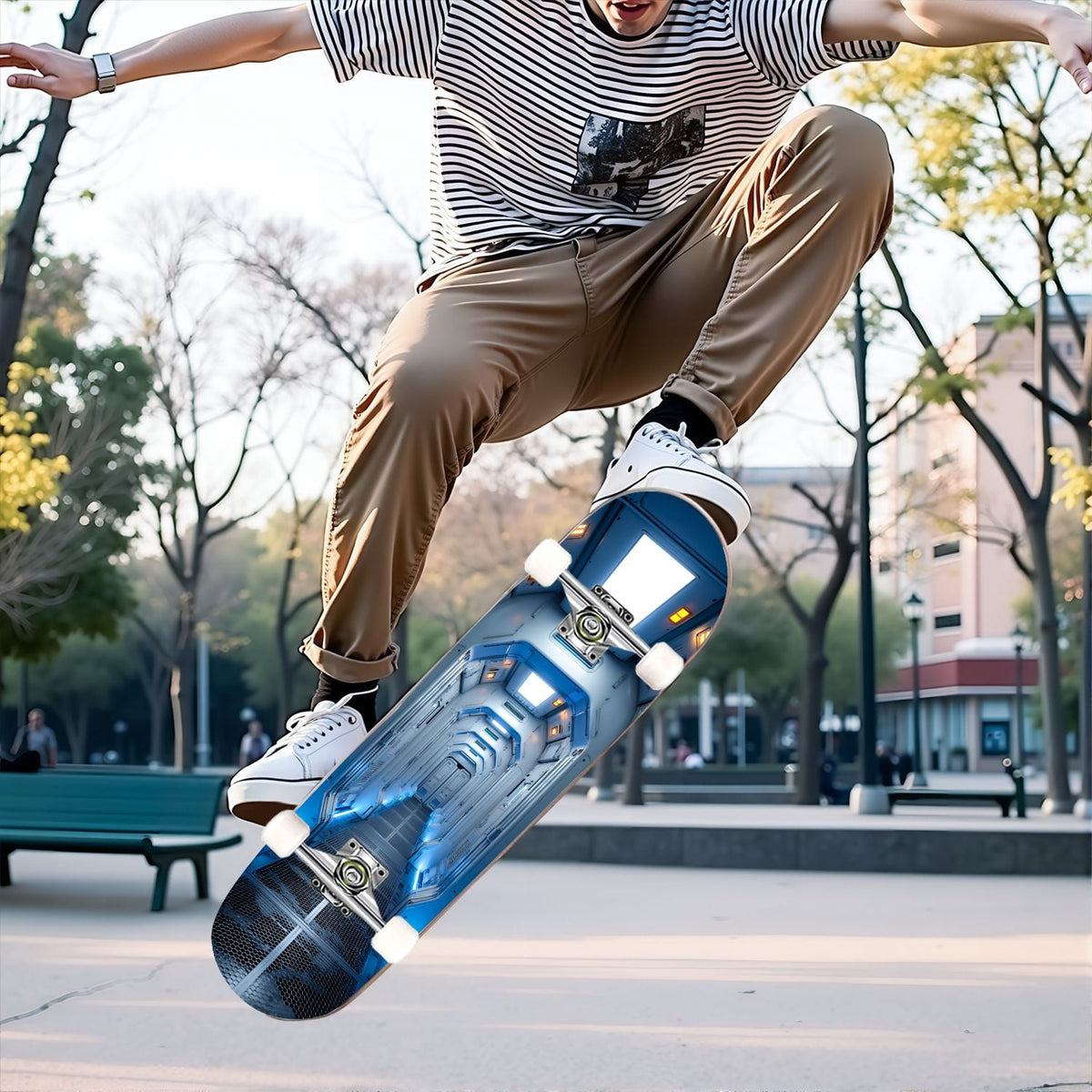 31"x8" Complete Skateboards for Beginners,Black Hexagon Honeycomb Glowing Blue Accents Double Kick 7 Ply Canadian Maple Deck Skateboard with Wheels, Gifts for Kids Teens