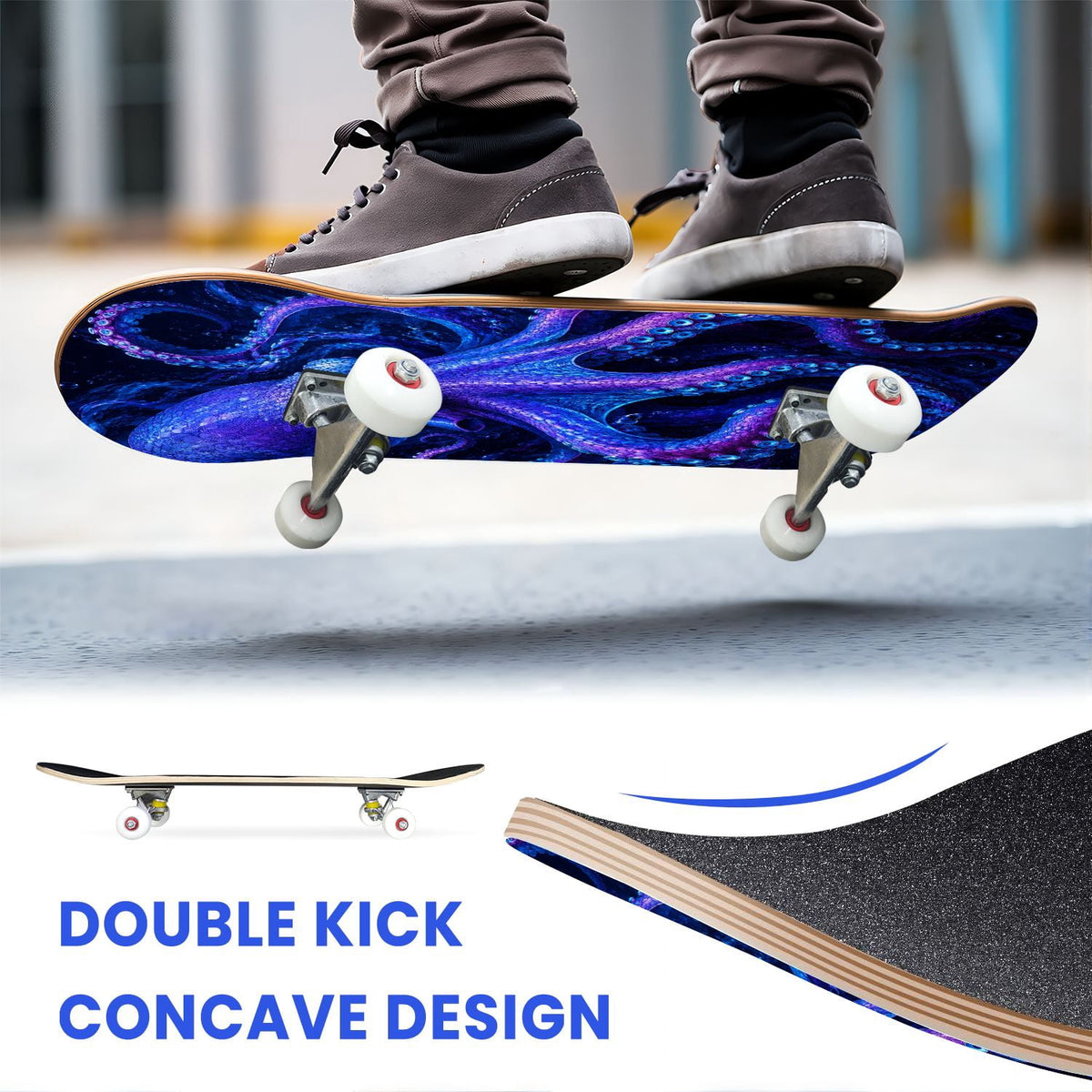 31"x8" Complete Skateboards for Beginners, Colorful Cosmic Octopus Tentacles Starry Marine Life Double Kick 7 Ply Canadian Maple Deck Skateboard with Wheels, Gifts for Kids Teens