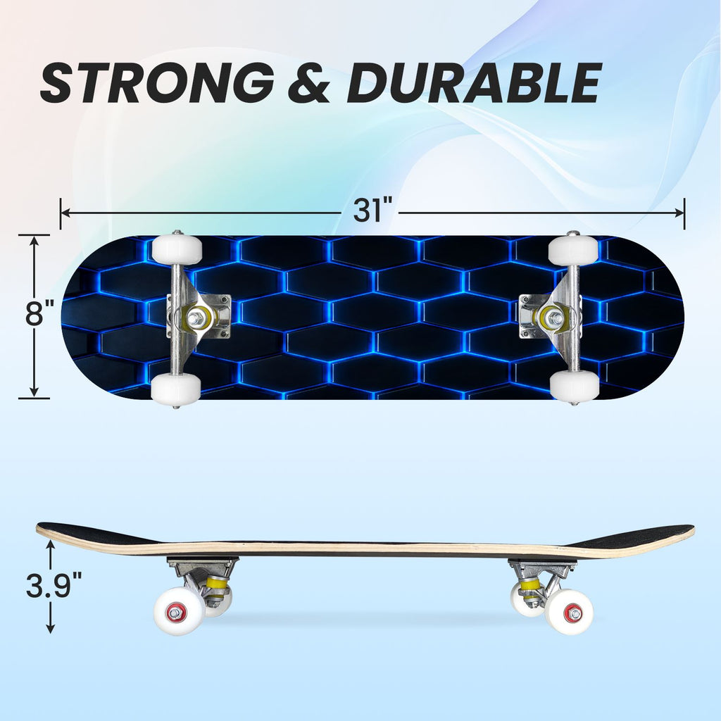 31"x8" Complete Skateboards for Beginners, Abstract Geometric Vibrant Neon Line Accents Dark Futuristic Double Kick 7 Ply Canadian Maple Deck Skateboard with Wheels, Gifts for Boys Teens