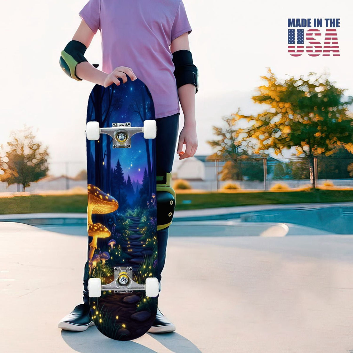 31"x8" Complete Skateboards for Beginners, Magical Forest Glowing Mushrooms Twinkling Fantasy Double Kick 7 Ply Canadian Maple Deck Skateboard with Wheels, Gifts for Kids Teens
