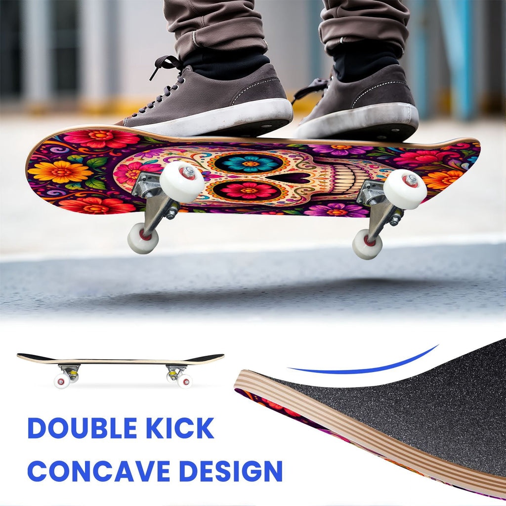 31"x8" Complete Skateboards for Beginners, Colorful Sugar Skull Vibrant Floral Day of the Dead Double Kick 7 Ply Canadian Maple Deck Skateboard with Wheels, Gifts for Kids Teens