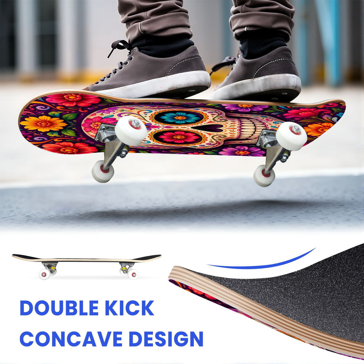 31"x8" Complete Skateboards for Beginners, Colorful Sugar Skull Vibrant Floral Day of the Dead Double Kick 7 Ply Canadian Maple Deck Skateboard with Wheels, Gifts for Kids Teens