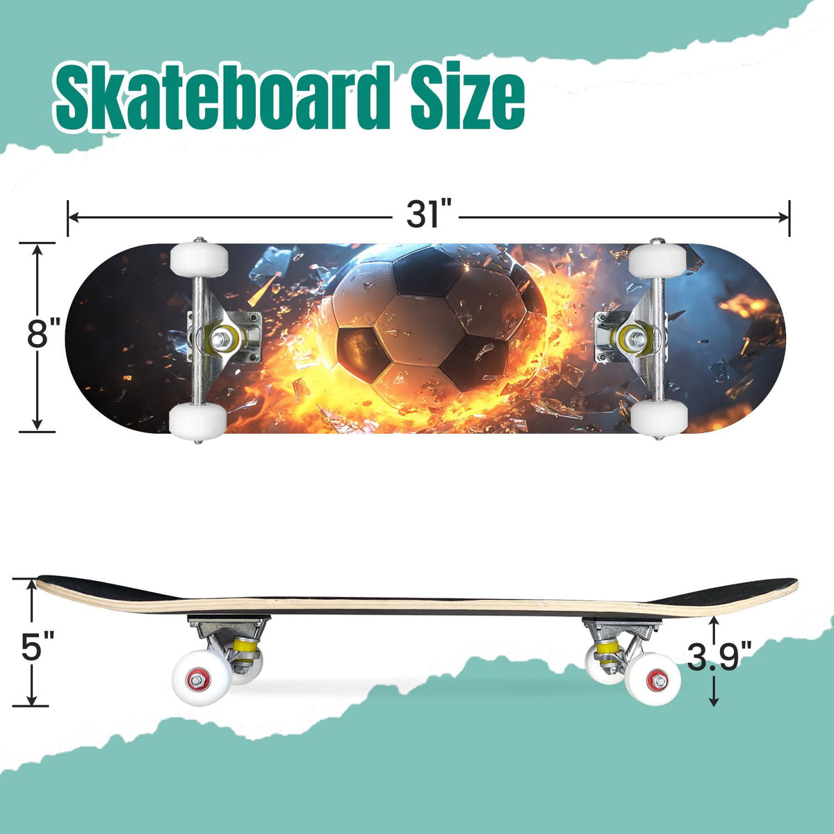 Dynamic Soccer Ball Explosion Energy Effects Stadium 31" x 8" Complete Skateboard, 7-Ply Canadian Maple Double Kick Trick Board for Kids and Beginners Adult Gifts