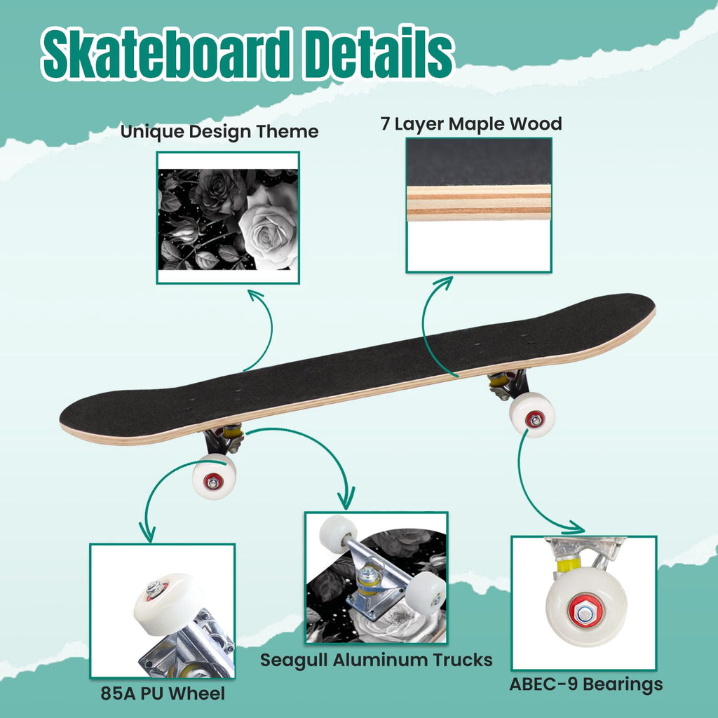 Gothic Purple Blue Floral Dark 31" x 8" Complete Skateboard, 7-Ply Canadian Maple Double Kick Trick Board for Kids and Beginners Adult Gifts