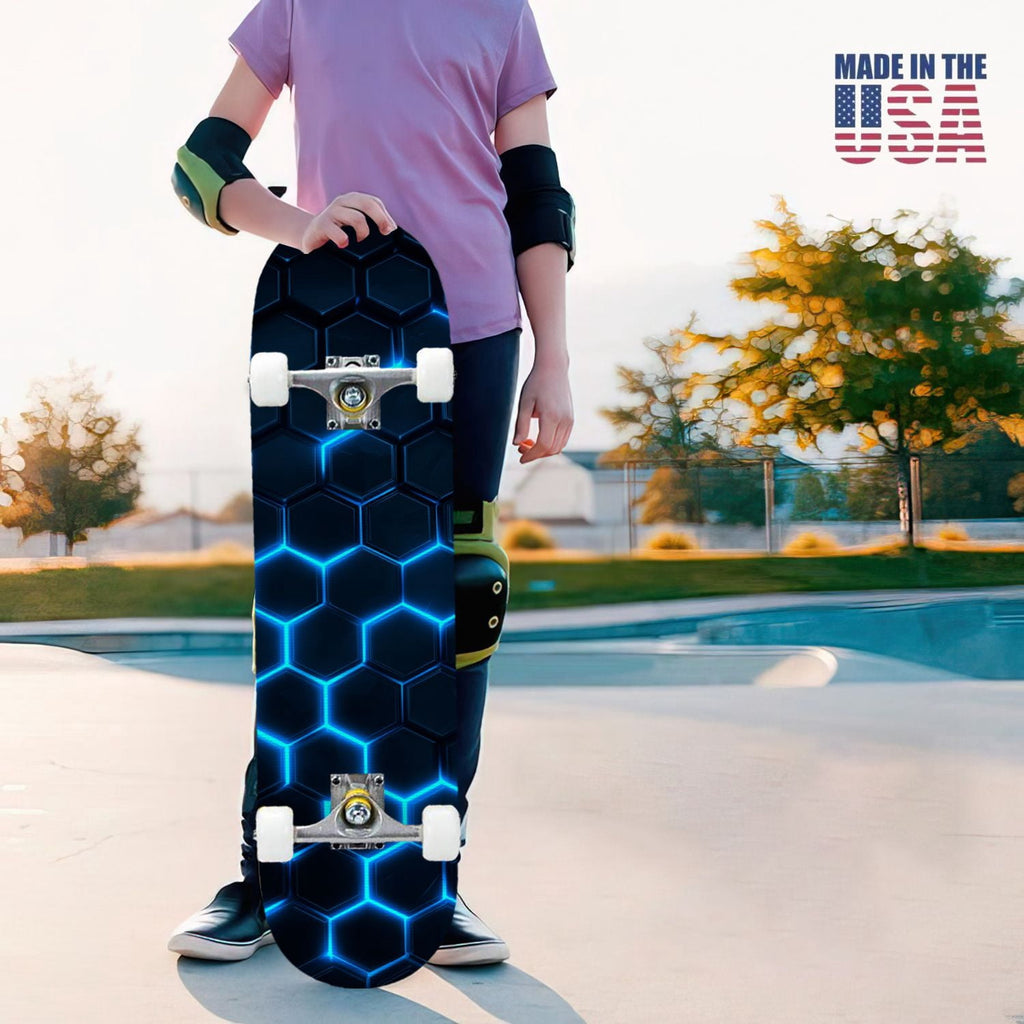 31"x8" Complete Skateboards for Beginners,Hexagon neon blue glow futuristic Double Kick 7 Ply Canadian Maple Deck Skateboard with Wheels, Gifts for Kids Teens