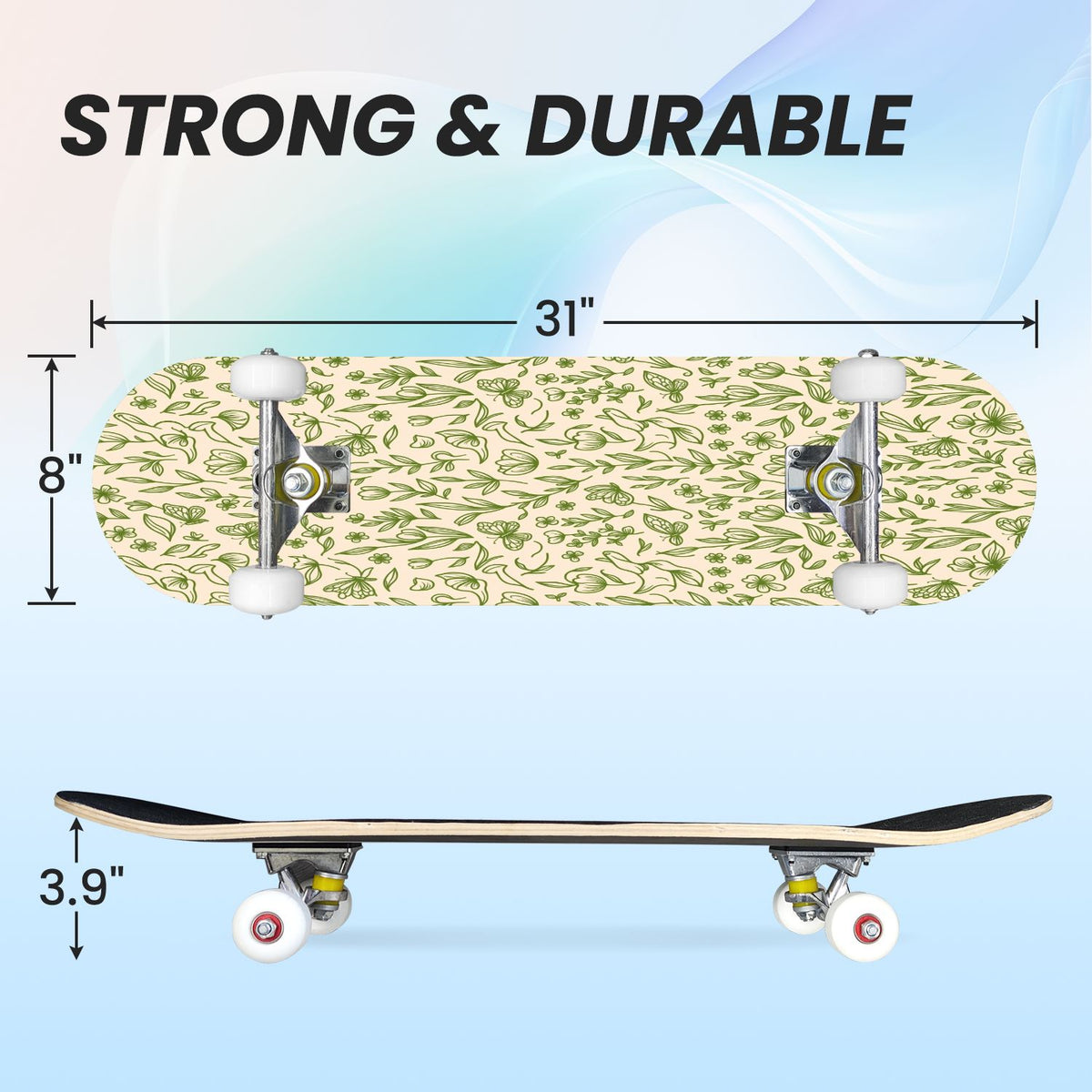 31"x8" Complete Skateboards for Beginners, Abstract Black Hexagon Honeycomb Glowing Blue Neon Geometric Double Kick 7 Ply Canadian Maple Deck Skateboard with Wheels, Gifts for Kids Teens