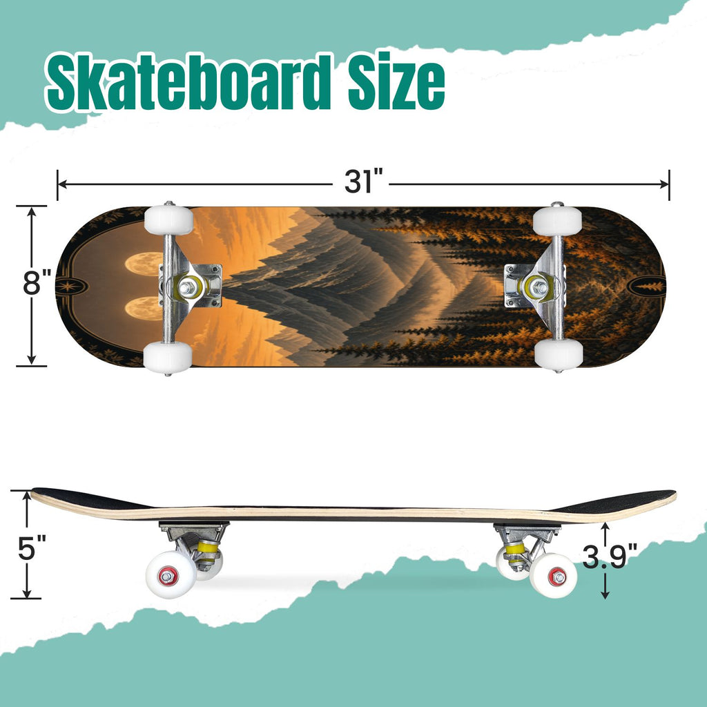 Forest Tree Wood Green Pine Trees Autumn Leaves Fog Misty 31" x 8" Complete Skateboard, 7-Ply Canadian Maple Double Kick Trick Board for Kids and Beginners Adult Gifts