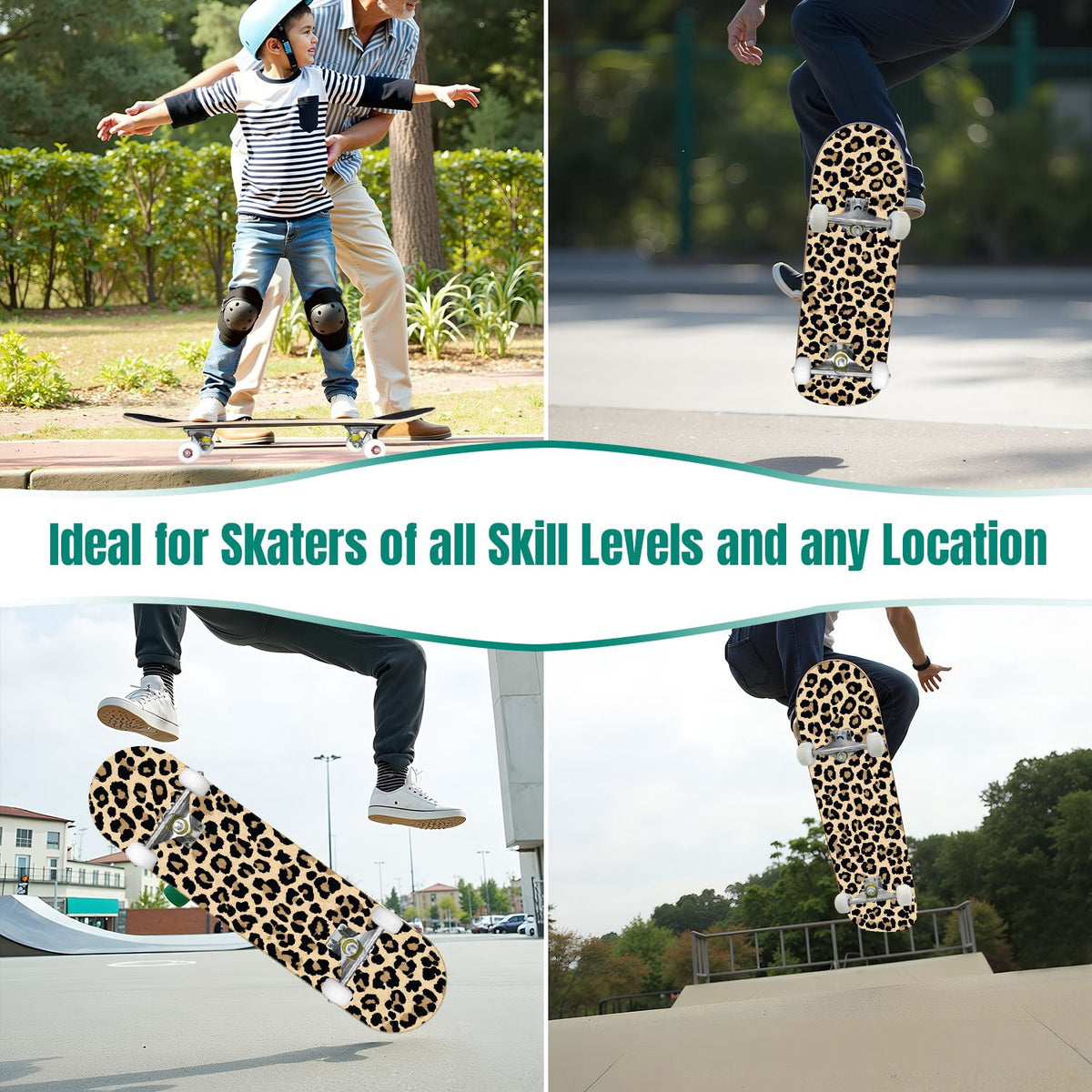31"x8" Complete Skateboards for Beginners,Leopard Print Black Brown Beige Double Kick 7 Ply Canadian Maple Deck Skateboard with Wheels, Gifts for Kids Teens