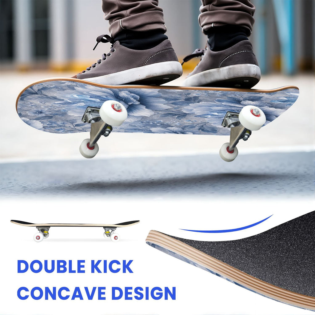 31"x8" Complete Skateboards for Beginners,Blue White Toile Rabbits Birds Floral Motifs Double Kick 7 Ply Canadian Maple Deck Skateboard with Wheels, Gifts for Kids Teens