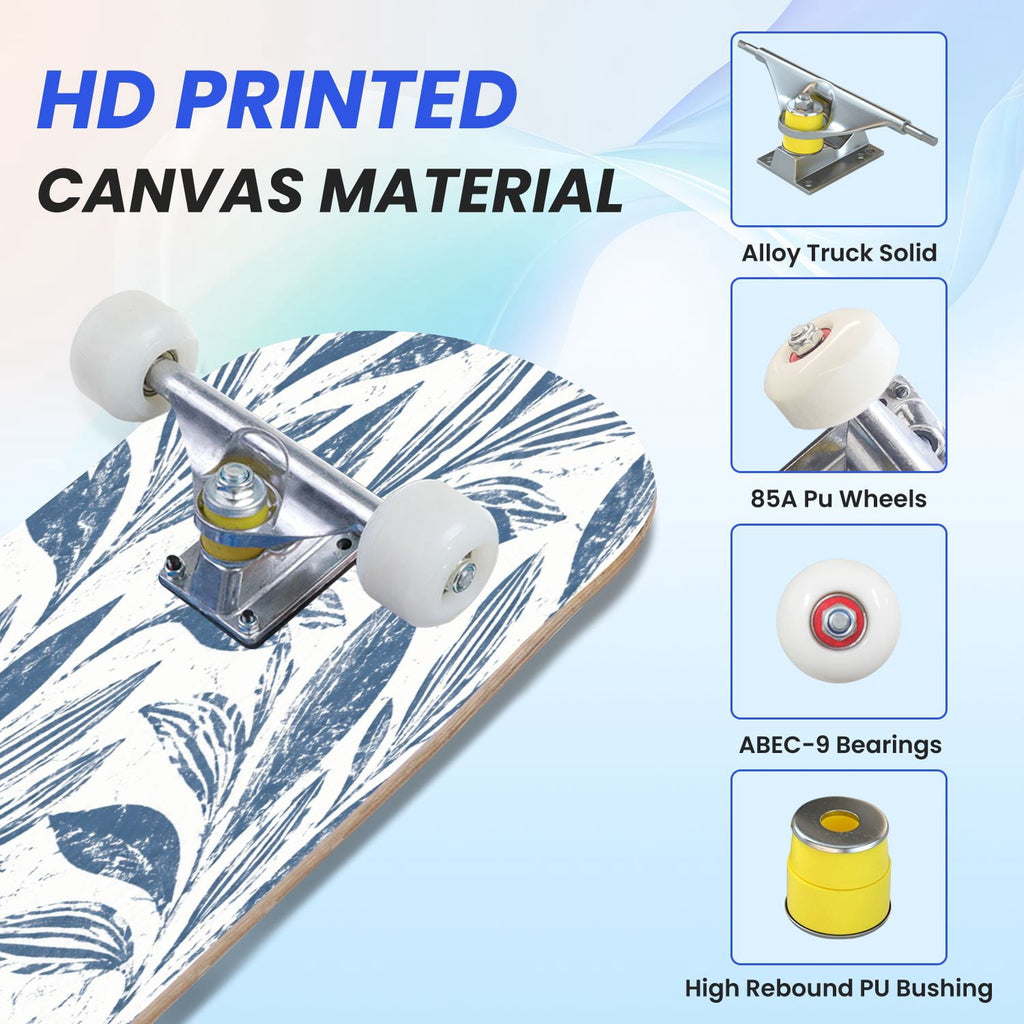 31"x8" Complete Skateboards for Beginners,Blue White Toile Rabbits Birds Floral Motifs Double Kick 7 Ply Canadian Maple Deck Skateboard with Wheels, Gifts for Kids Teens